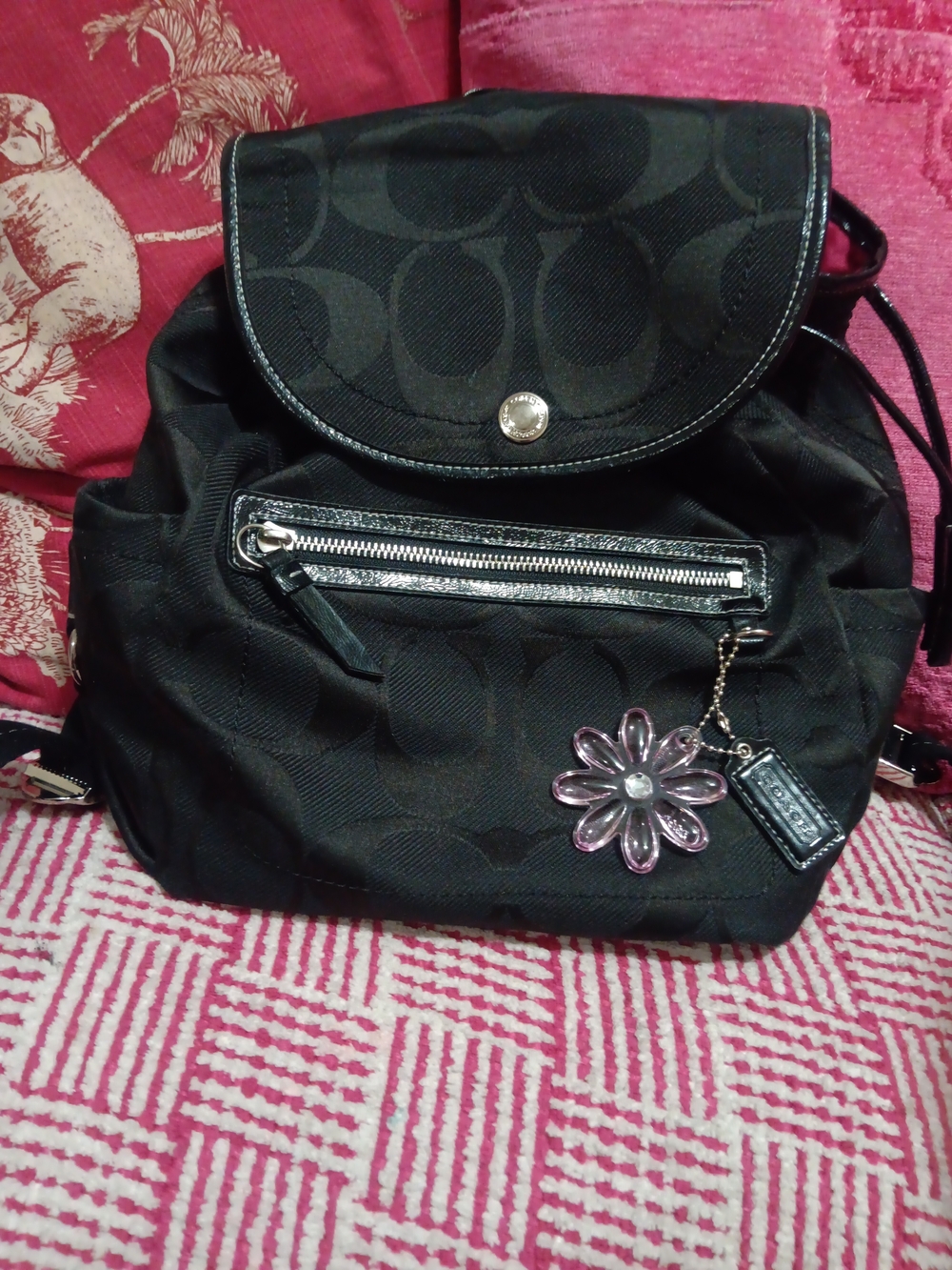 Coach Black Signature Canvas Drawstring Backpack with Flower Charm